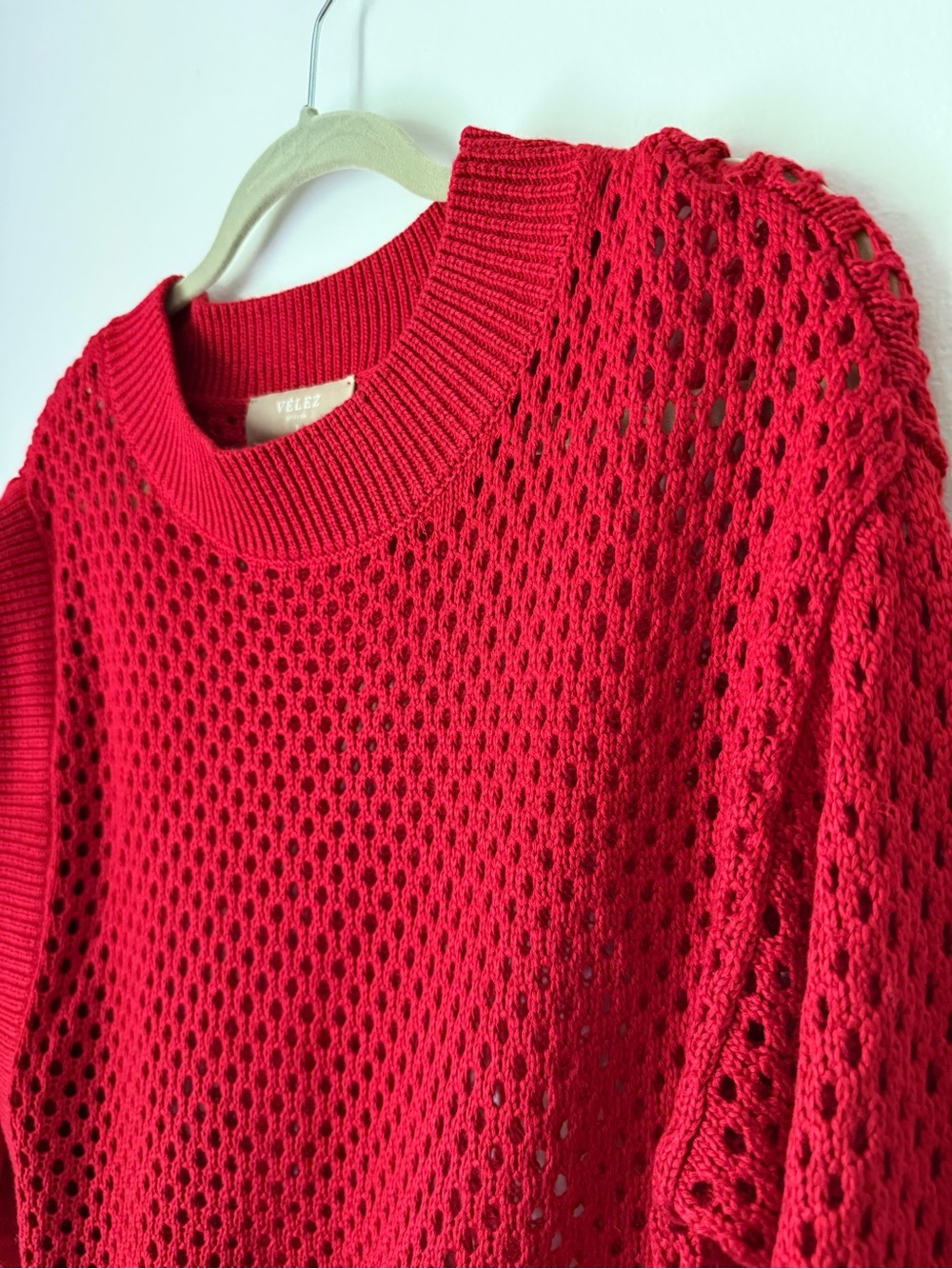 Velez Cropped Red Knit Sweater Crochet Mesh Asymmetric Detail,